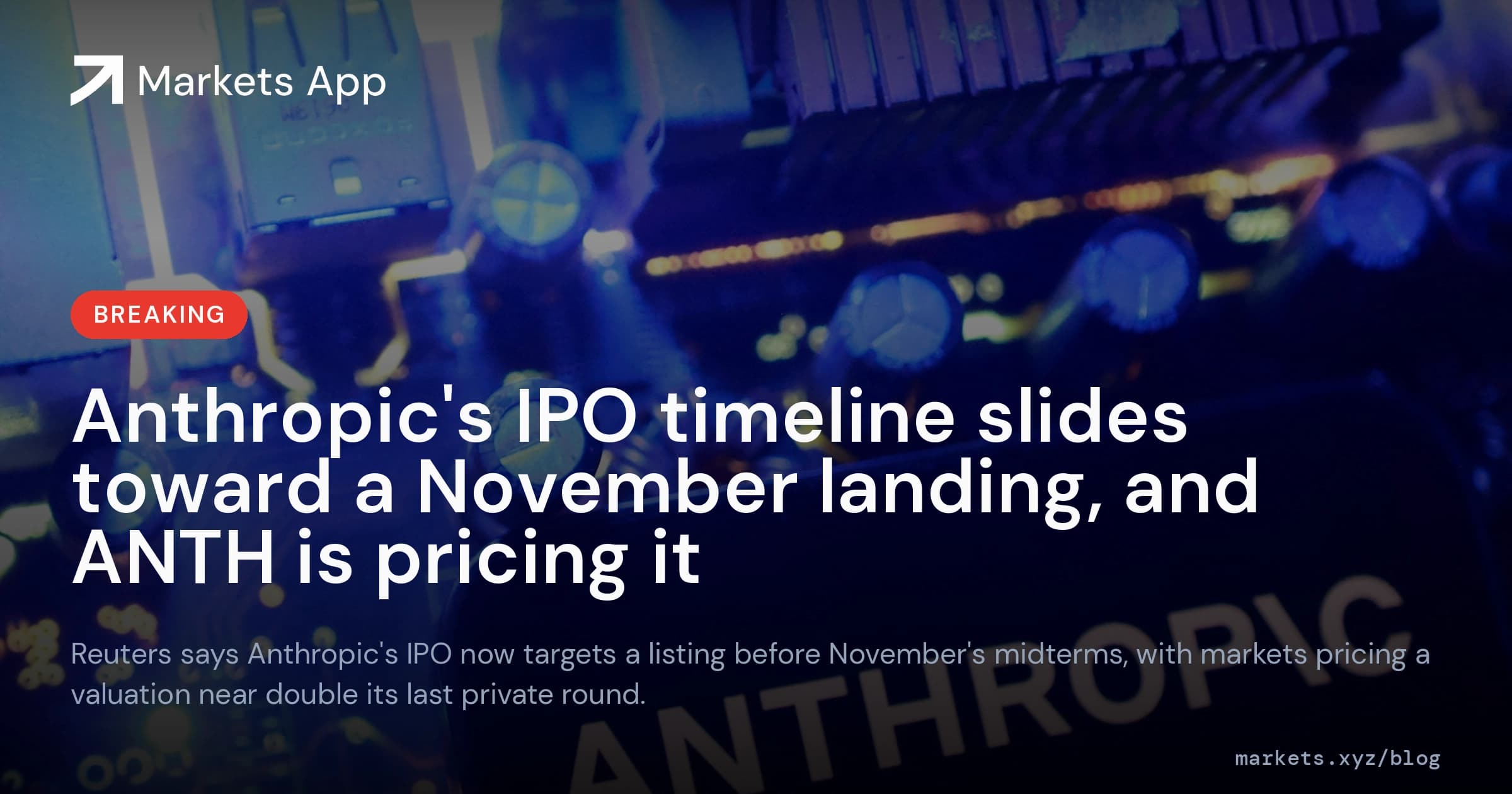 Timeline graphic showing Anthropic's IPO path from its June S-1 filing to a targeted November listing, with valuation markers from $965 billion to a forecast $1.82 trillion.